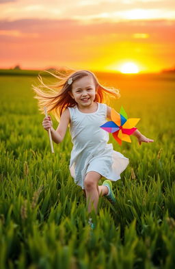 A beautiful scene of an 8-year-old girl joyfully running through a lush green field during a stunning sunset