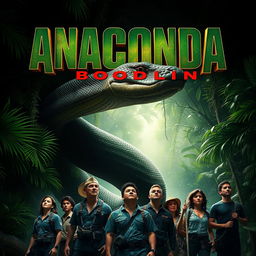 An electrifying teaser poster for 'Anaconda: Bloodline (2025)', showcasing a colossal anaconda intertwined with jungle foliage, its scales glistening menacingly under the filtered light of the dense canopy