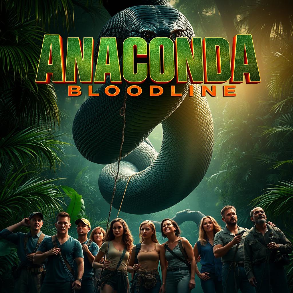 An electrifying teaser poster for 'Anaconda: Bloodline (2025)', showcasing a colossal anaconda intertwined with jungle foliage, its scales glistening menacingly under the filtered light of the dense canopy