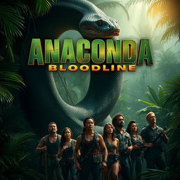 An electrifying teaser poster for 'Anaconda: Bloodline (2025)', showcasing a colossal anaconda intertwined with jungle foliage, its scales glistening menacingly under the filtered light of the dense canopy