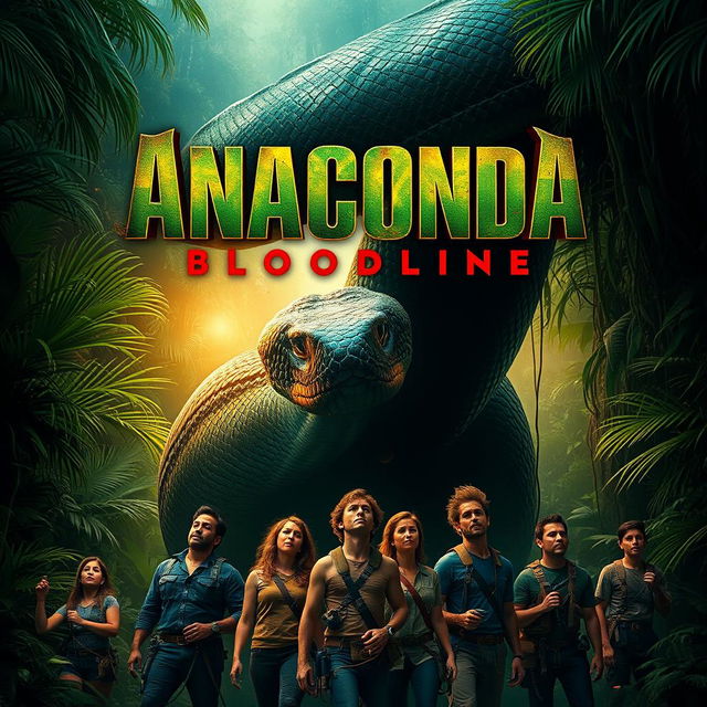 An electrifying teaser poster for 'Anaconda: Bloodline (2025)', showcasing a colossal anaconda intertwined with jungle foliage, its scales glistening menacingly under the filtered light of the dense canopy