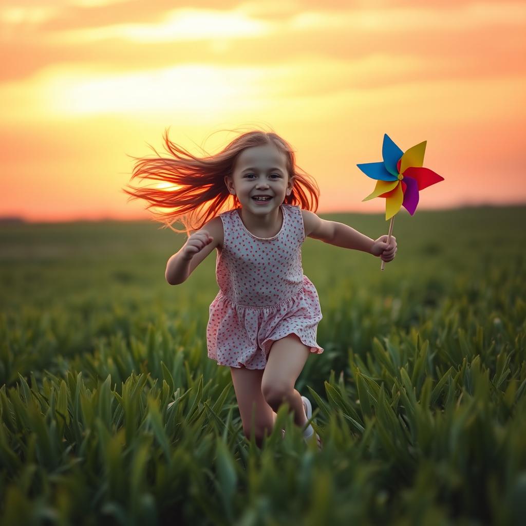 A beautiful scene of an 8-year-old girl joyfully running through a lush green field during a stunning sunset