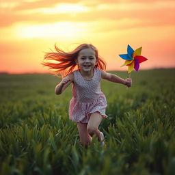 A beautiful scene of an 8-year-old girl joyfully running through a lush green field during a stunning sunset