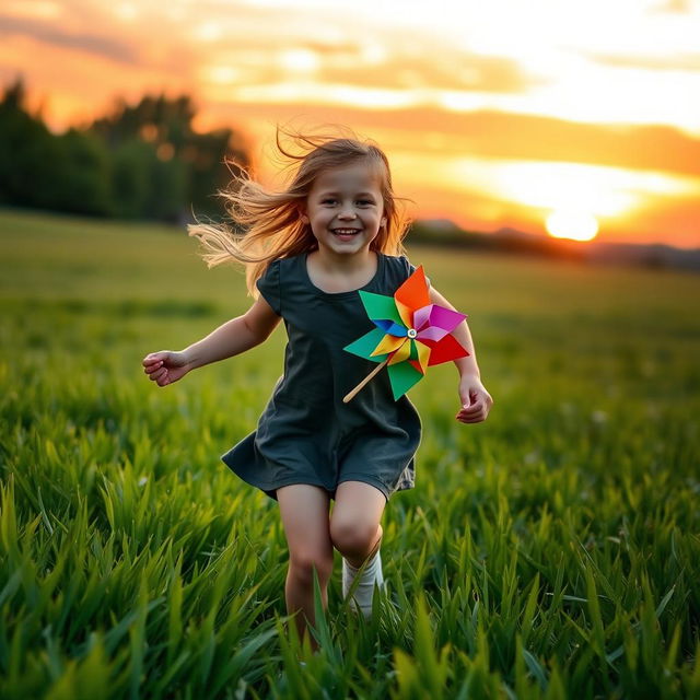 A beautiful scene of an 8-year-old girl joyfully running through a lush green field during a stunning sunset