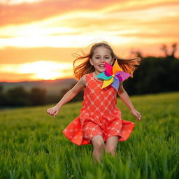 A beautiful scene of an 8-year-old girl joyfully running through a lush green field during a stunning sunset