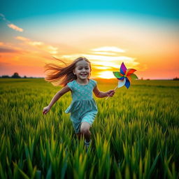 A beautiful scene of an 8-year-old girl joyfully running through a lush green field during a stunning sunset