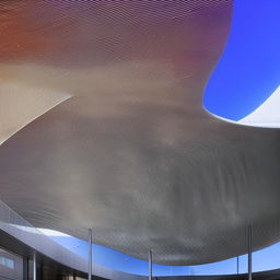 An architectural design of a roof with a unique curved structure