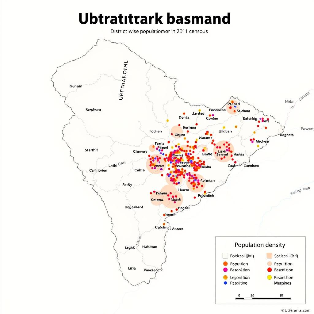 A detailed political map of Uttarakhand, India, showcasing the district-wise population as per the 2011 census using the dot method