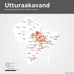 A detailed political map of Uttarakhand, India, showcasing the district-wise population as per the 2011 census using the dot method