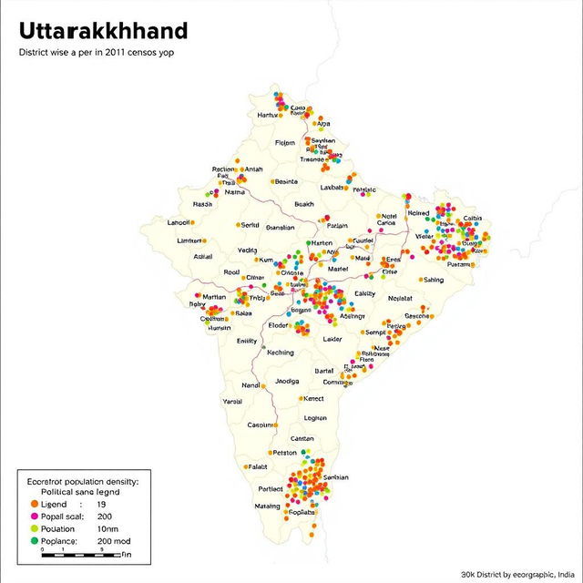 A detailed political map of Uttarakhand, India, showcasing the district-wise population as per the 2011 census using the dot method