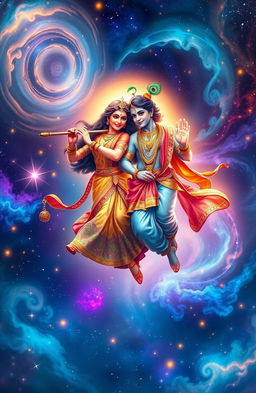 A mesmerizing scene depicting Radha and Krishna, the divine couple from Hindu mythology, gracefully floating together inside a vast, colorful universe