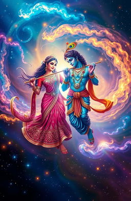 A mesmerizing scene depicting Radha and Krishna, the divine couple from Hindu mythology, gracefully floating together inside a vast, colorful universe