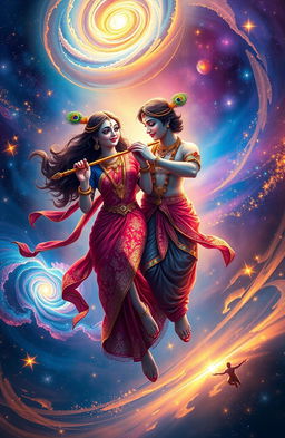 A mesmerizing scene depicting Radha and Krishna, the divine couple from Hindu mythology, gracefully floating together inside a vast, colorful universe