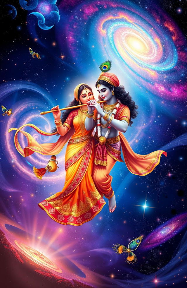 A mesmerizing scene depicting Radha and Krishna, the divine couple from Hindu mythology, gracefully floating together inside a vast, colorful universe