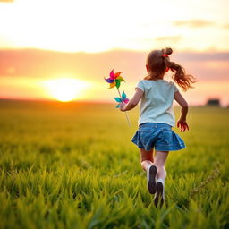 A cheerful 8-year-old girl running playfully in a vibrant green field during a beautiful sunset, with her back turned to the viewer