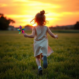 A cheerful 8-year-old girl running playfully in a vibrant green field during a beautiful sunset, with her back turned to the viewer