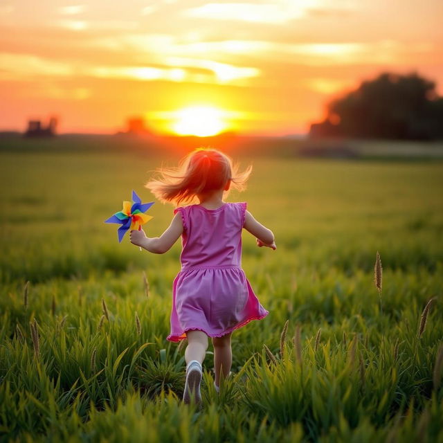 A cheerful 8-year-old girl running playfully in a vibrant green field during a beautiful sunset, with her back turned to the viewer