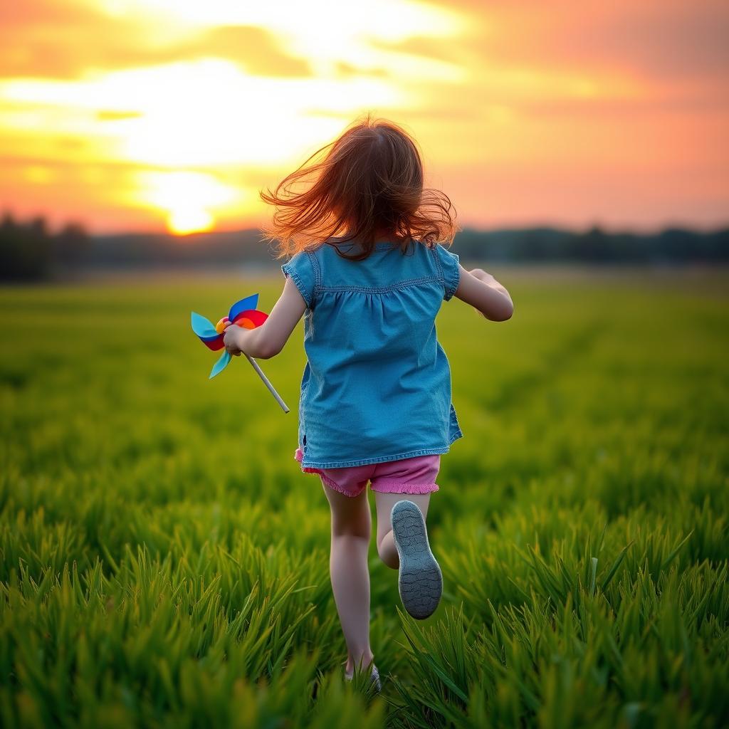 A cheerful 8-year-old girl running playfully in a vibrant green field during a beautiful sunset, with her back turned to the viewer