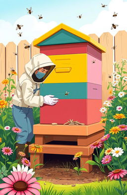 An informative and visually appealing illustration depicting a backyard beekeeping setup