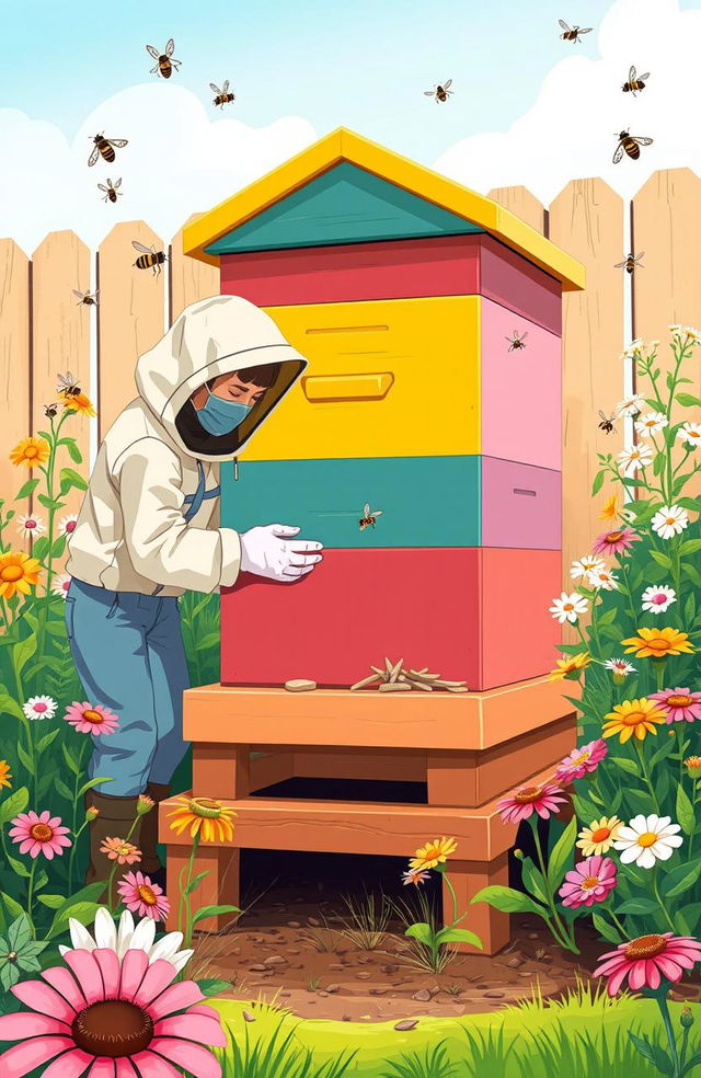 An informative and visually appealing illustration depicting a backyard beekeeping setup