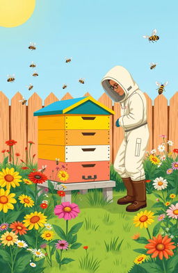 An informative and visually appealing illustration depicting a backyard beekeeping setup