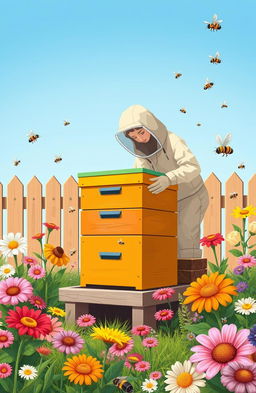 An informative and visually appealing illustration depicting a backyard beekeeping setup