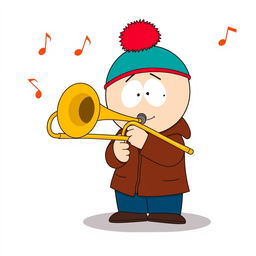 A cartoon-style illustration of Stan Marsh from South Park playing a trombone