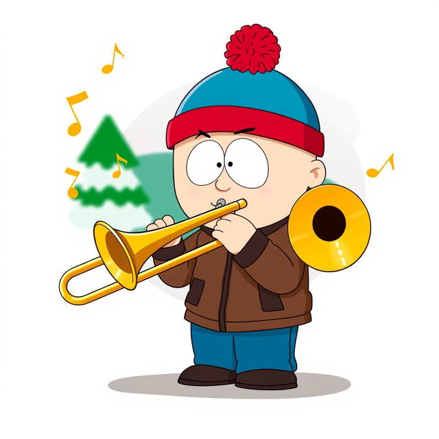 A cartoon-style illustration of Stan Marsh from South Park playing a trombone