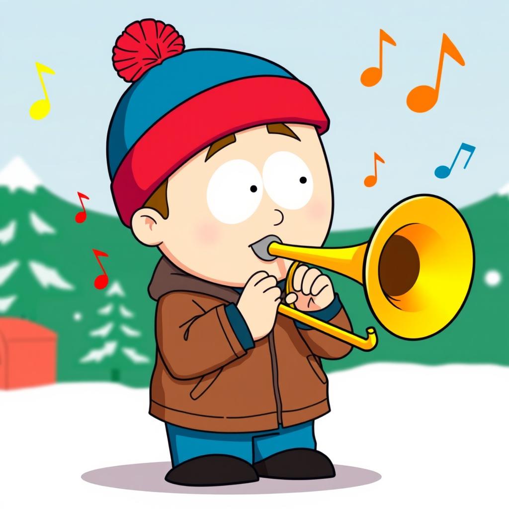 A cartoon-style illustration of Stan Marsh from South Park playing a trombone