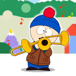 A cartoon-style illustration of Stan Marsh from South Park playing a trombone