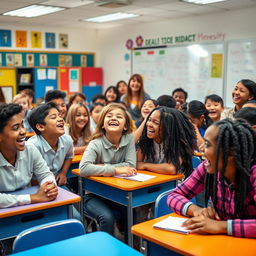 A vibrant classroom scene filled with students laughing uncontrollably, capturing a moment of pure joy and camaraderie