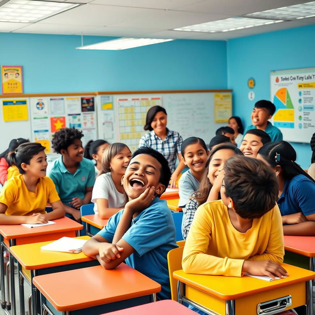 A vibrant classroom scene filled with students laughing uncontrollably, capturing a moment of pure joy and camaraderie