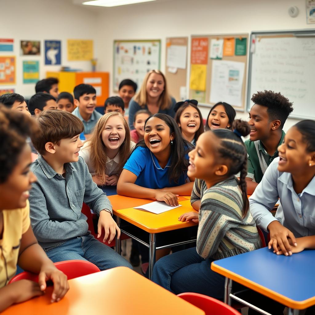 A vibrant classroom scene filled with students laughing uncontrollably, capturing a moment of pure joy and camaraderie