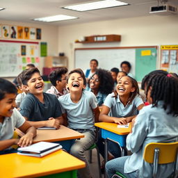 A vibrant classroom scene filled with students laughing uncontrollably, capturing a moment of pure joy and camaraderie