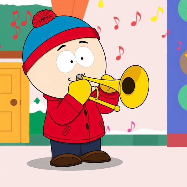 A cartoon-style illustration of Eric Cartman from South Park playing a trombone