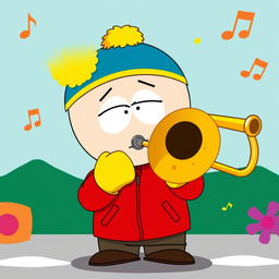 A cartoon-style illustration of Eric Cartman from South Park playing a trombone