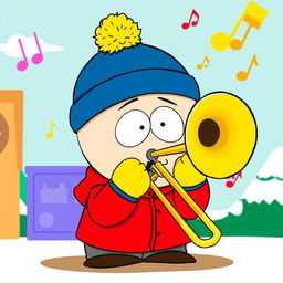 A cartoon-style illustration of Eric Cartman from South Park playing a trombone