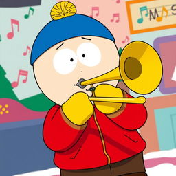 A cartoon-style illustration of Eric Cartman from South Park playing a trombone