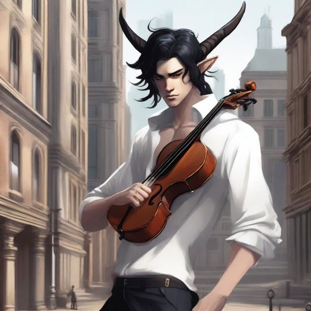 A high-quality digital art image captures a young Satyr with elegantly twisted horns and flowing black hair