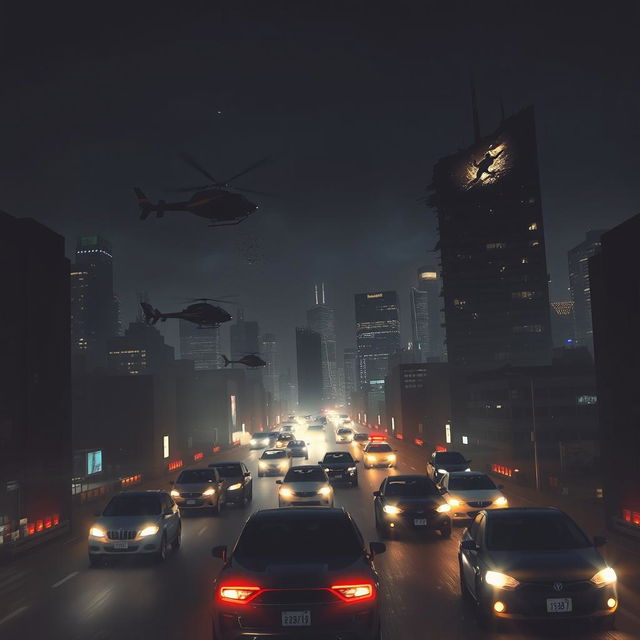 A thrilling night scene depicting helicopters chasing getaway cars through a bustling cityscape