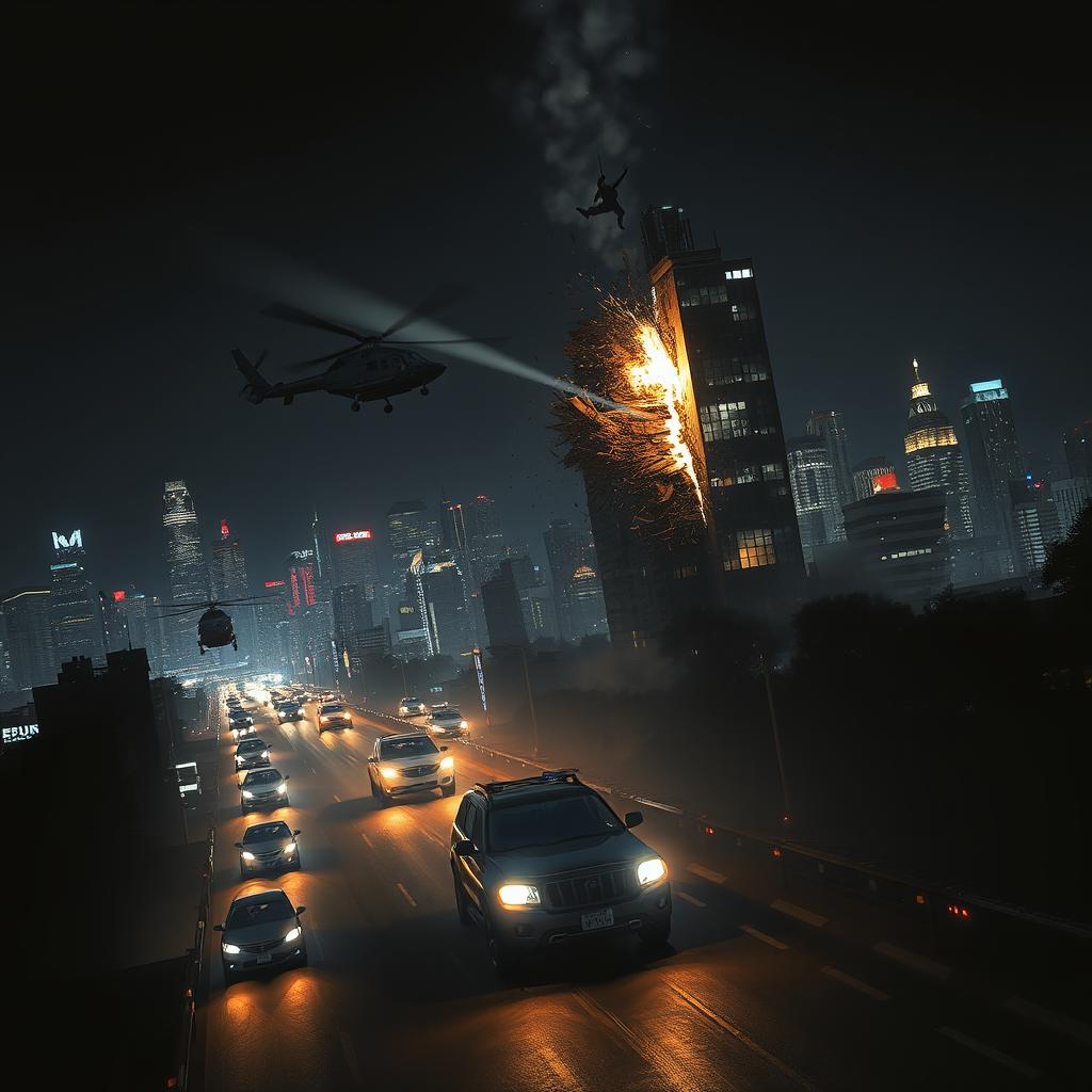 A thrilling night scene depicting helicopters chasing getaway cars through a bustling cityscape