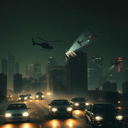 A thrilling night scene depicting helicopters chasing getaway cars through a bustling cityscape
