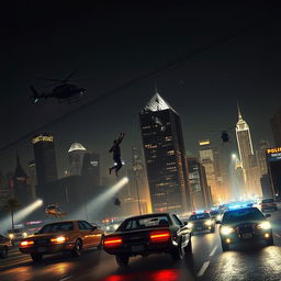 A thrilling night scene depicting helicopters chasing getaway cars through a bustling cityscape