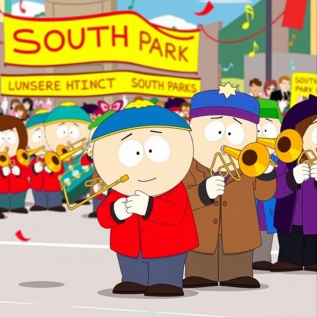 A vibrant cartoon-style illustration featuring the characters from South Park as part of a marching band, all playing trombones