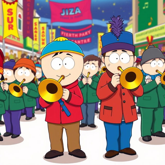 A vibrant cartoon-style illustration featuring the characters from South Park as part of a marching band, all playing trombones