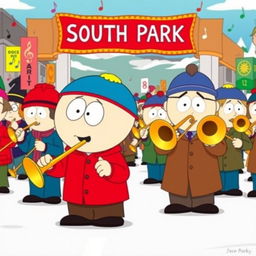 A vibrant cartoon-style illustration featuring the characters from South Park as part of a marching band, all playing trombones