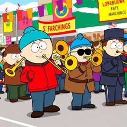 A vibrant cartoon-style illustration featuring the characters from South Park as part of a marching band, all playing trombones