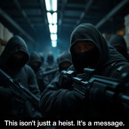 A suspenseful, cinematic scene featuring quick cuts of shadowy figures wearing ski masks, intensely focused as they load an array of weapons in a dimly lit warehouse