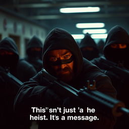 A suspenseful, cinematic scene featuring quick cuts of shadowy figures wearing ski masks, intensely focused as they load an array of weapons in a dimly lit warehouse