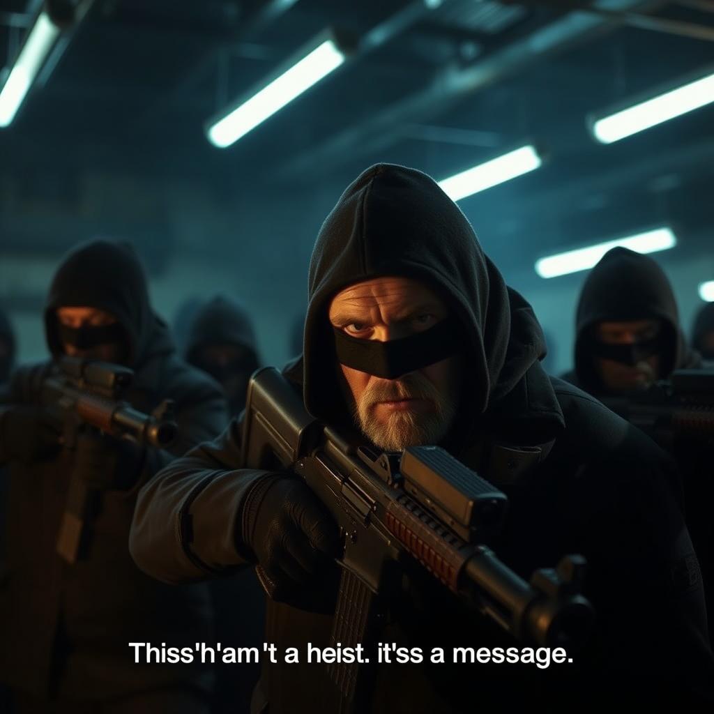 A suspenseful, cinematic scene featuring quick cuts of shadowy figures wearing ski masks, intensely focused as they load an array of weapons in a dimly lit warehouse